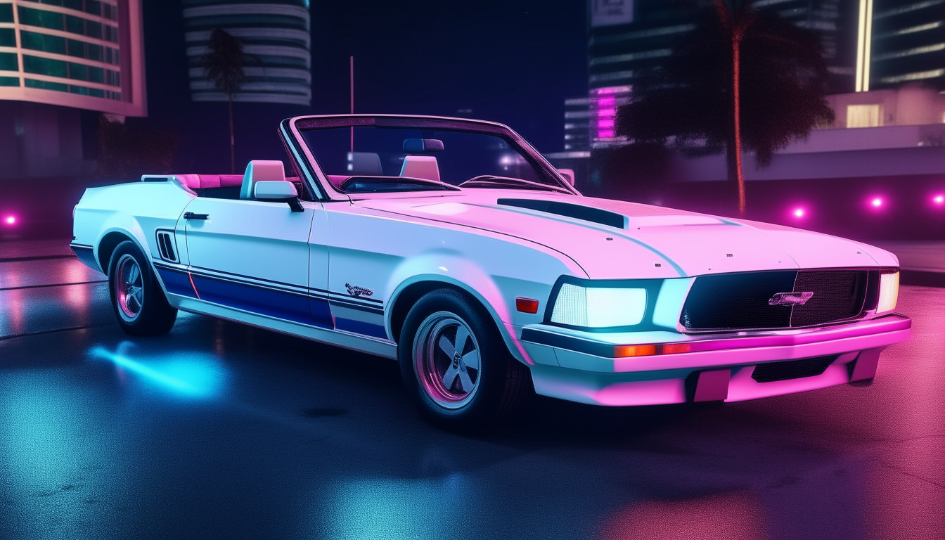 A white 1982 Ford Mustang GT convertible driving through downtown Miami at night with intense neon blue and pink lighting, photorealistic 4k digital rendering