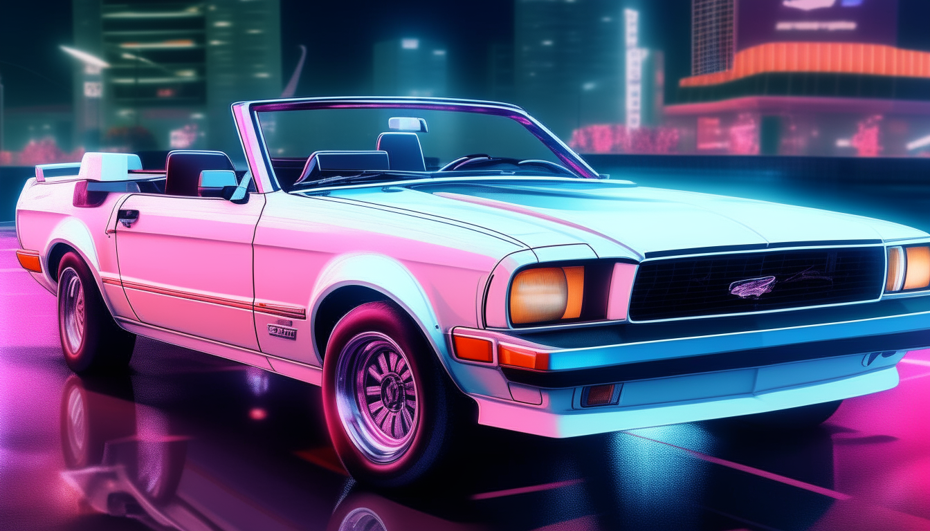 A white 1982 Ford Mustang GT convertible driving through 1980s downtown Miami surrounded by bright glowing neon lighting, highly detailed and photorealistic digital art painting