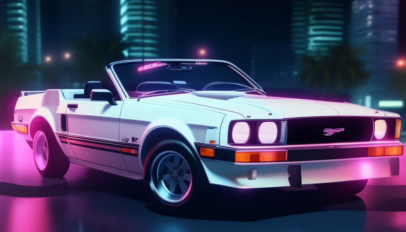 A white 1982 Ford Mustang GT convertible driving at night through downtown Miami with intense neon lighting, extremely detailed 4k digital rendering