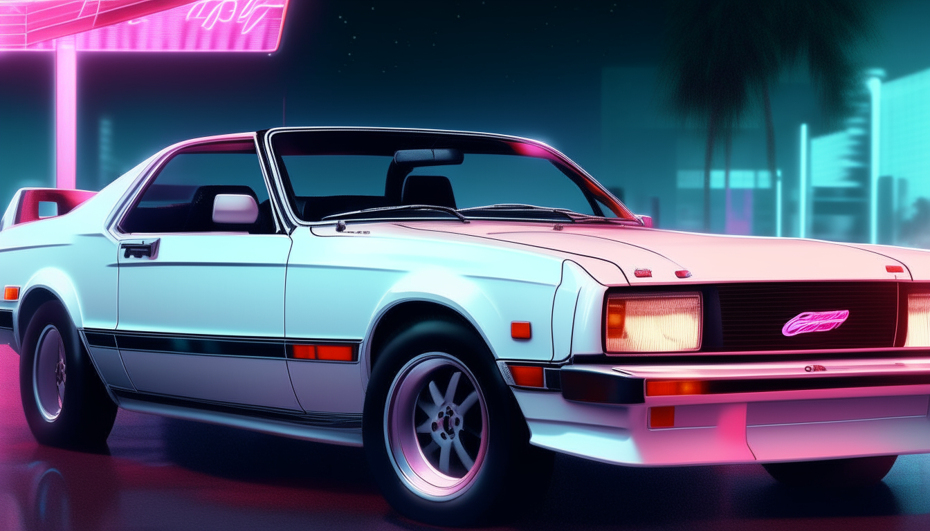 A white 1982 Ford Mustang GT convertible parked at a neon lit 1980s Miami gas station, highly detailed digital painting