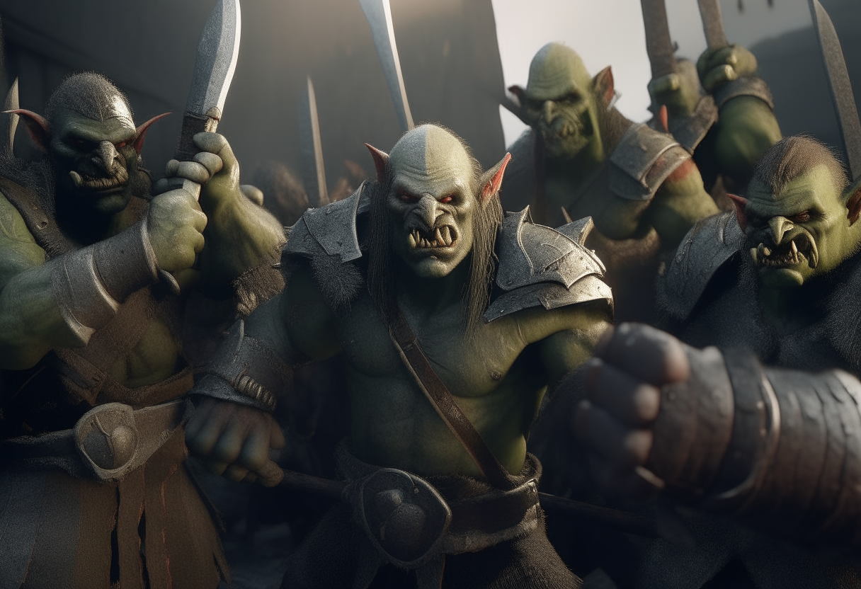 a group of Orcs waving swords, cinematic, photo-realistic, extremely detailed, radiance lighting, rough texture, AR 16:9