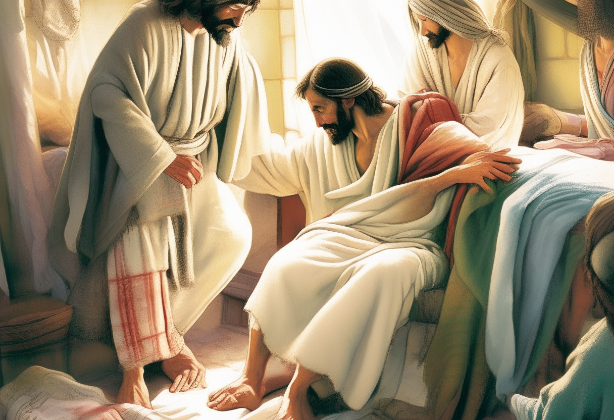 Illustrate the scene of people touching Jesus' garments in search of healing, demonstrating their faith.