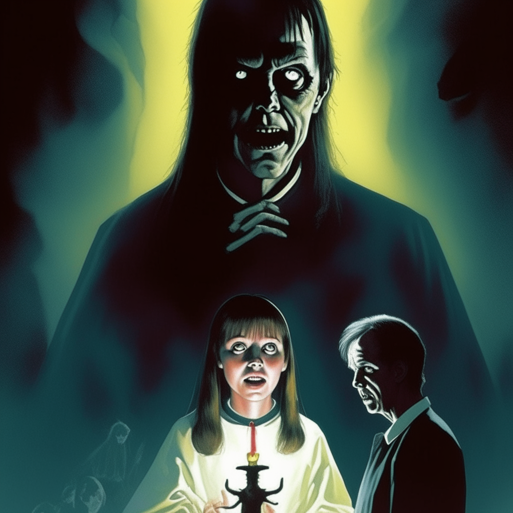 Artwork for the exorcist movie poster. priest and demon possessed girl. spooky, frightful, horror, suspenseful. concept art, film poster, movie stills, movie posters, horror movies, concept art