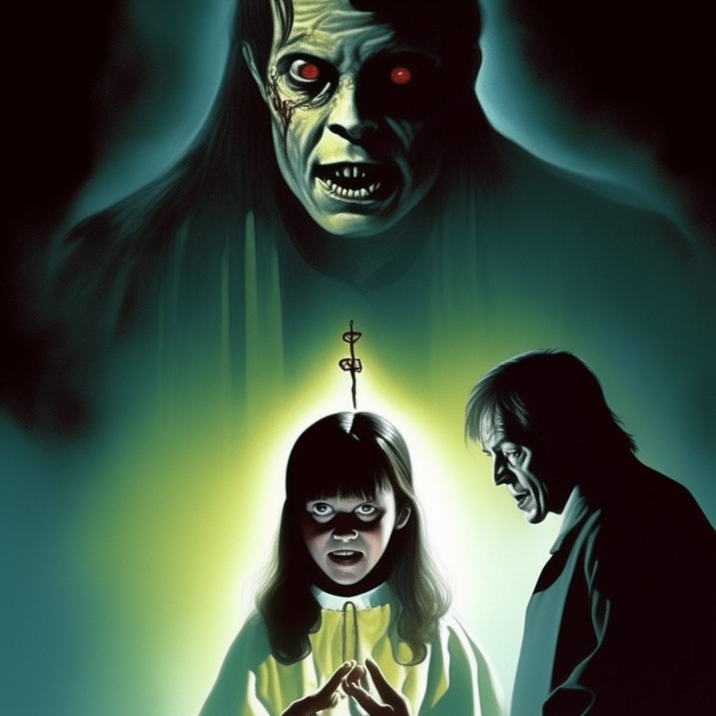 Artwork for the exorcist movie poster. priest and demon possessed girl. spooky, frightful, horror, suspenseful. concept art, film poster, movie stills, movie posters, horror movies, concept art