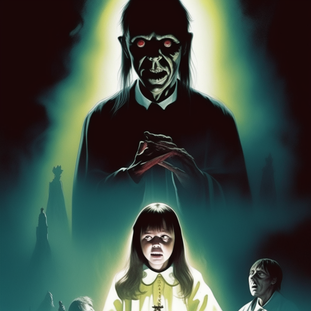 Artwork for the exorcist movie poster. priest and demon possessed girl. spooky, frightful, horror, suspenseful. concept art, film poster, movie stills, movie posters, horror movies, concept art