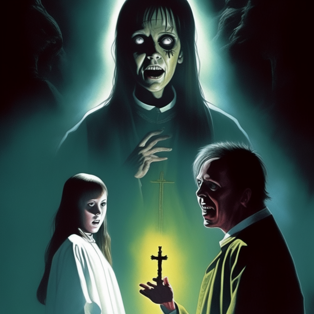 Artwork for the exorcist movie poster. priest and demon possessed girl. spooky, frightful, horror, suspenseful. concept art, film poster, movie stills, movie posters, horror movies, concept art