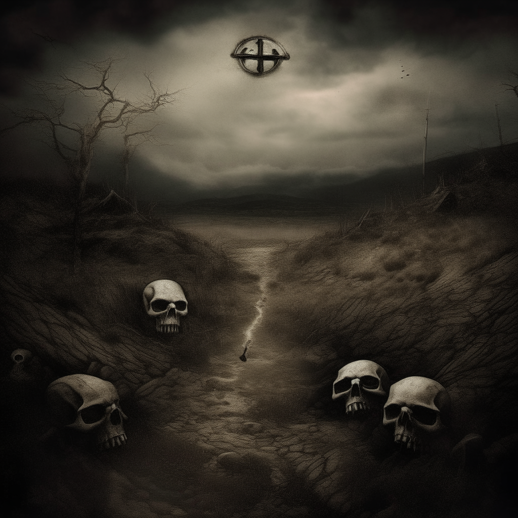 Dark, sinister landscape with occult symbols and textures. Moods: death, evil, heavy, horror.