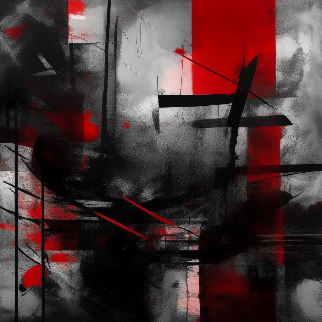 Abstract shapes and textures in tones of black, grey and red. Moods: metal, power, thrash, darkness