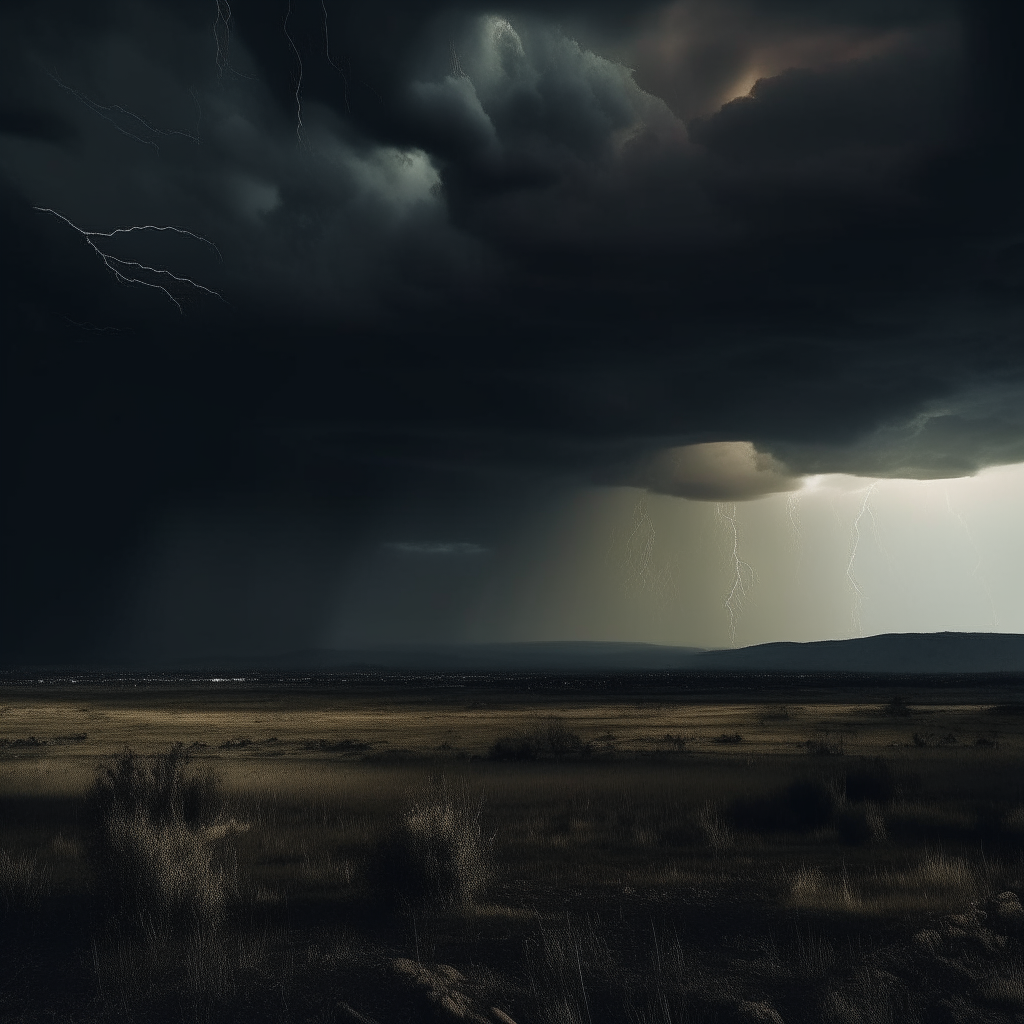 Stormy night sky with a hellish landscape in the distance. Moods: darkness, death, horror, metal