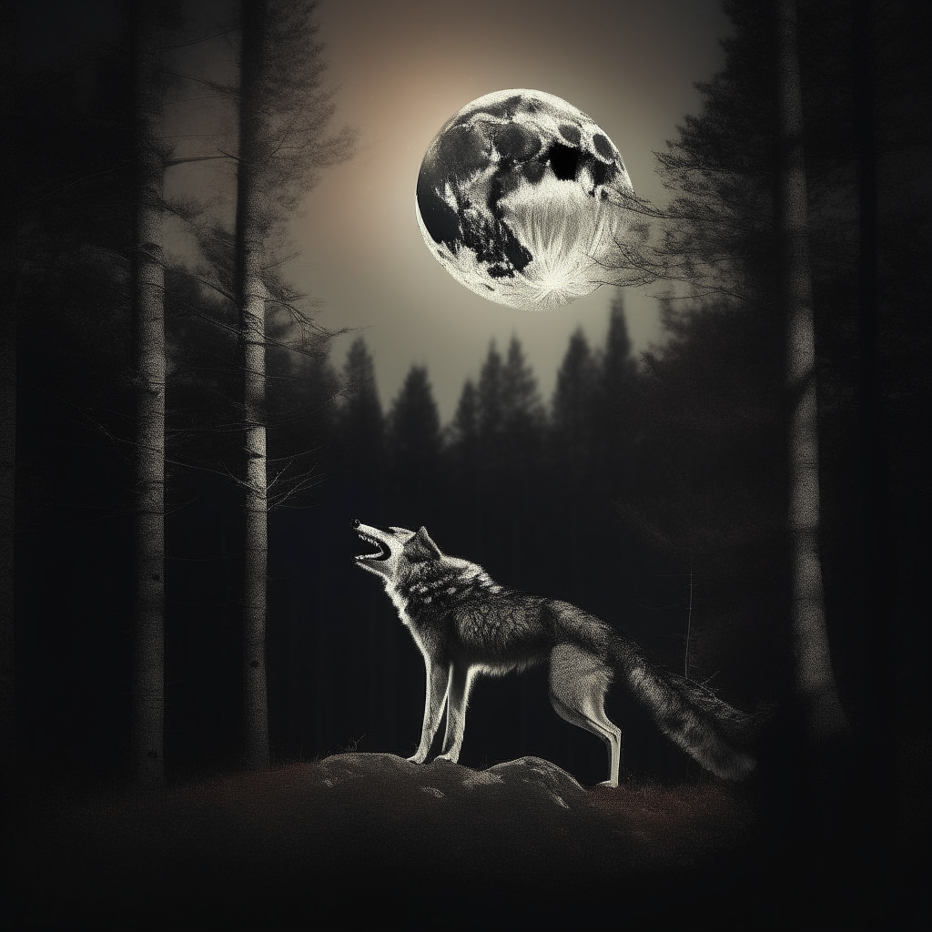 A lone wolf howling at a full moon above a dark forest. Moods: darkness, metal, horror.