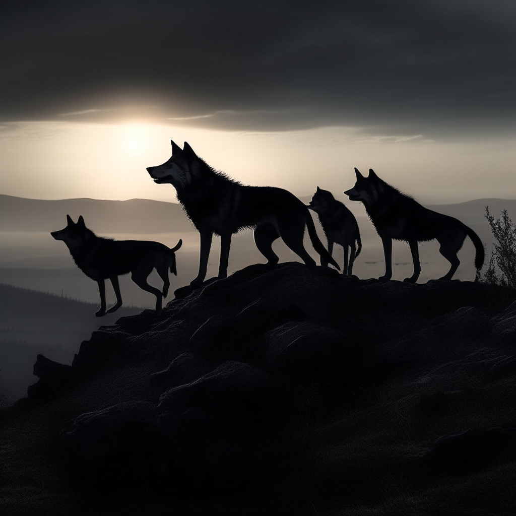 A pack of wolves silhouetted on a rocky hill, gazing menacingly at the camera. Moods: metal, darkness, evil.