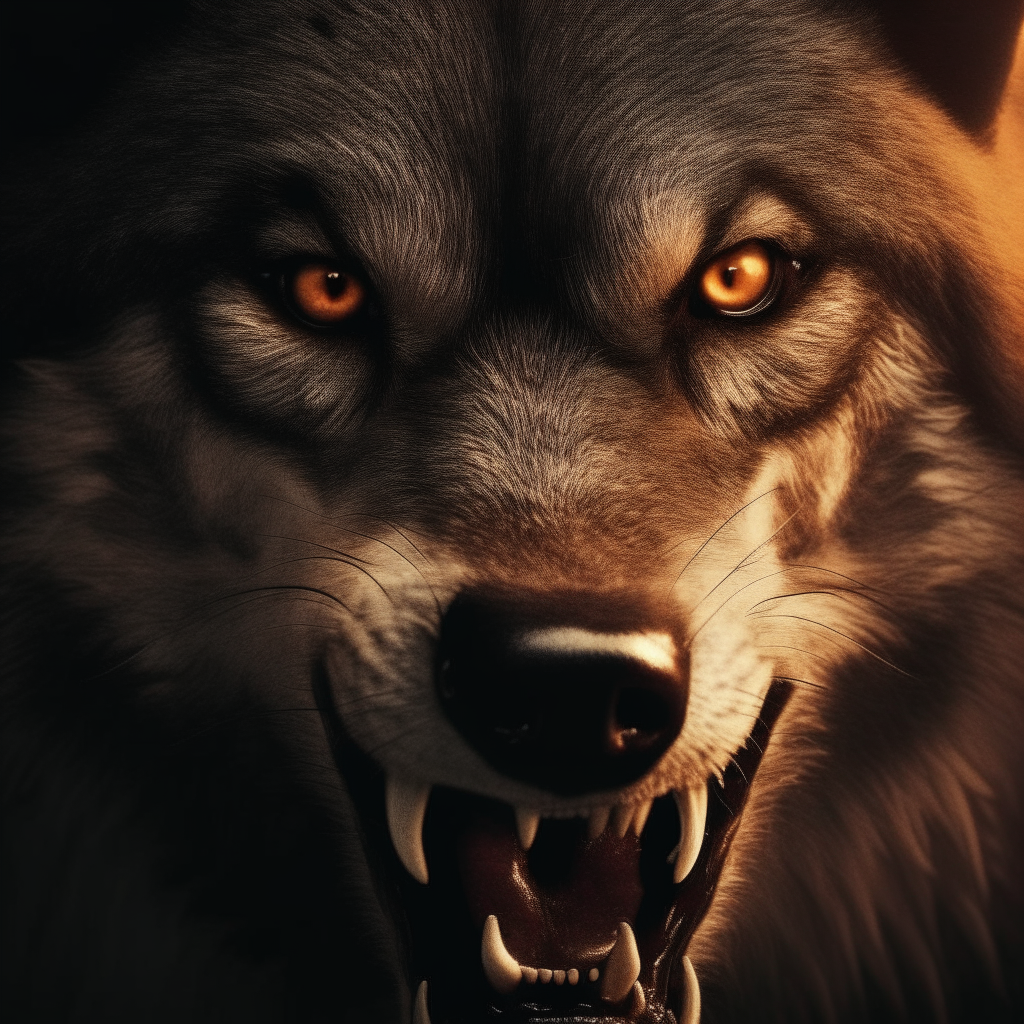 A close-up of a wolf's face, with glowing eyes and bared fangs. Moods: horror, darkness, metal.