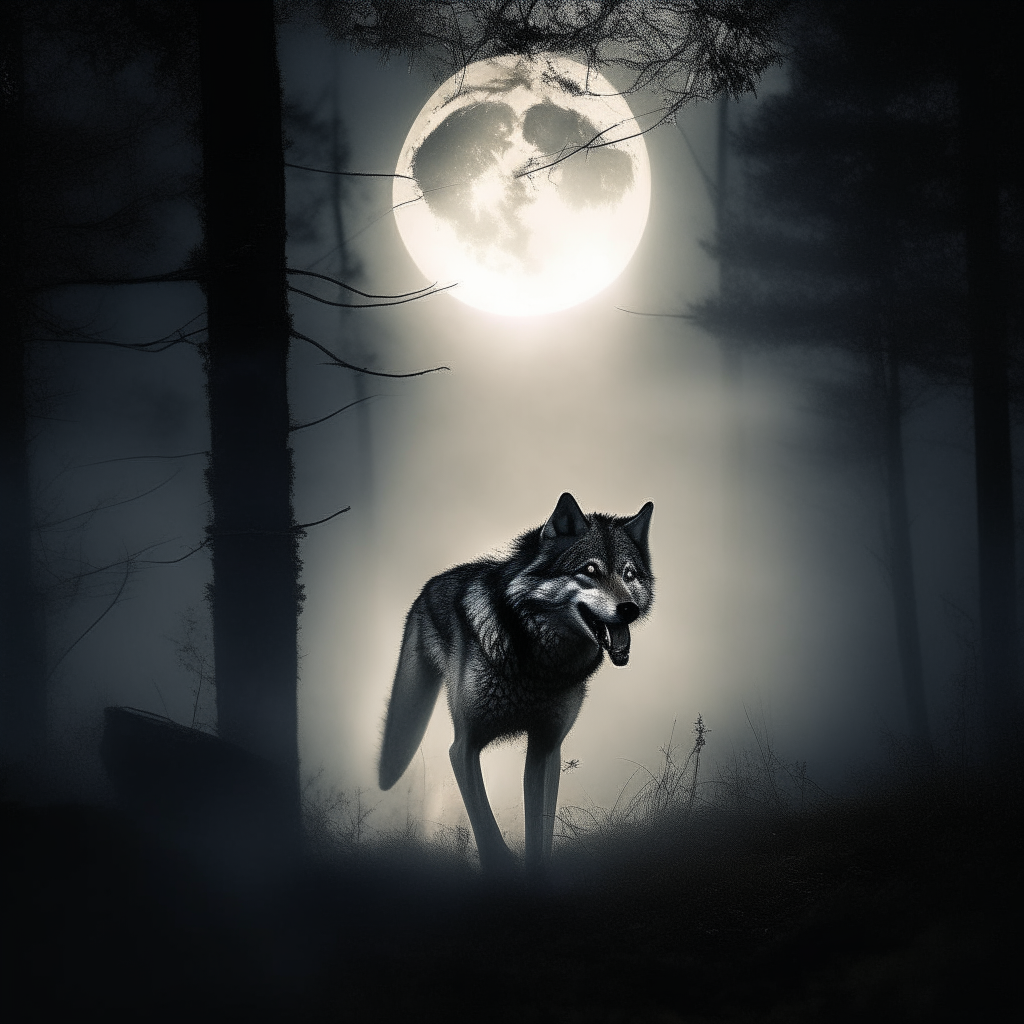 A wolf emerging from a misty forest at night, backlit by the moon. Moods: darkness, evil, metal, horror.