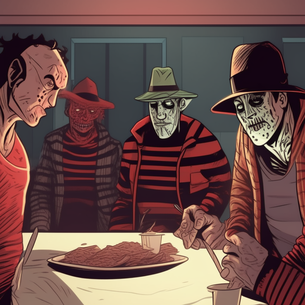 Freddy Krueger sitting at a dinner table with other horror icons like Jason and Michael Myers. Moods: horror, suspense.