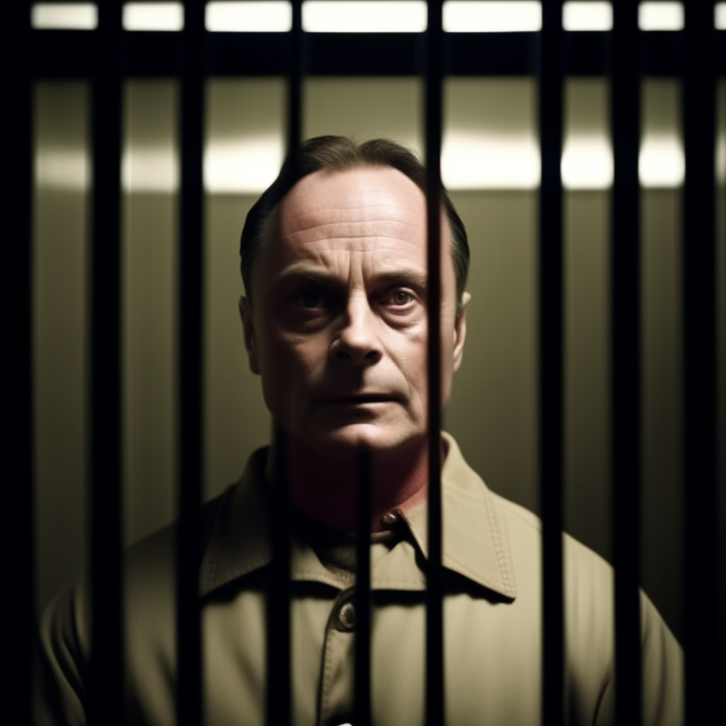 Hannibal Lecter in a prison cell, gazing menacingly at the viewer. Moods: horror, suspense, psychological thriller.