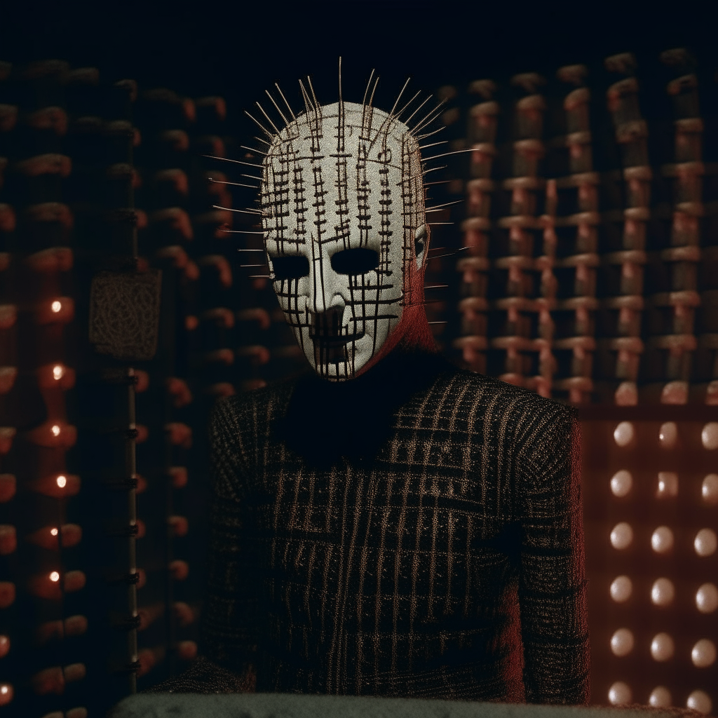 Pinhead from Hellraiser emerging from a puzzle box at night. Moods: horror, gore, dark fantasy.