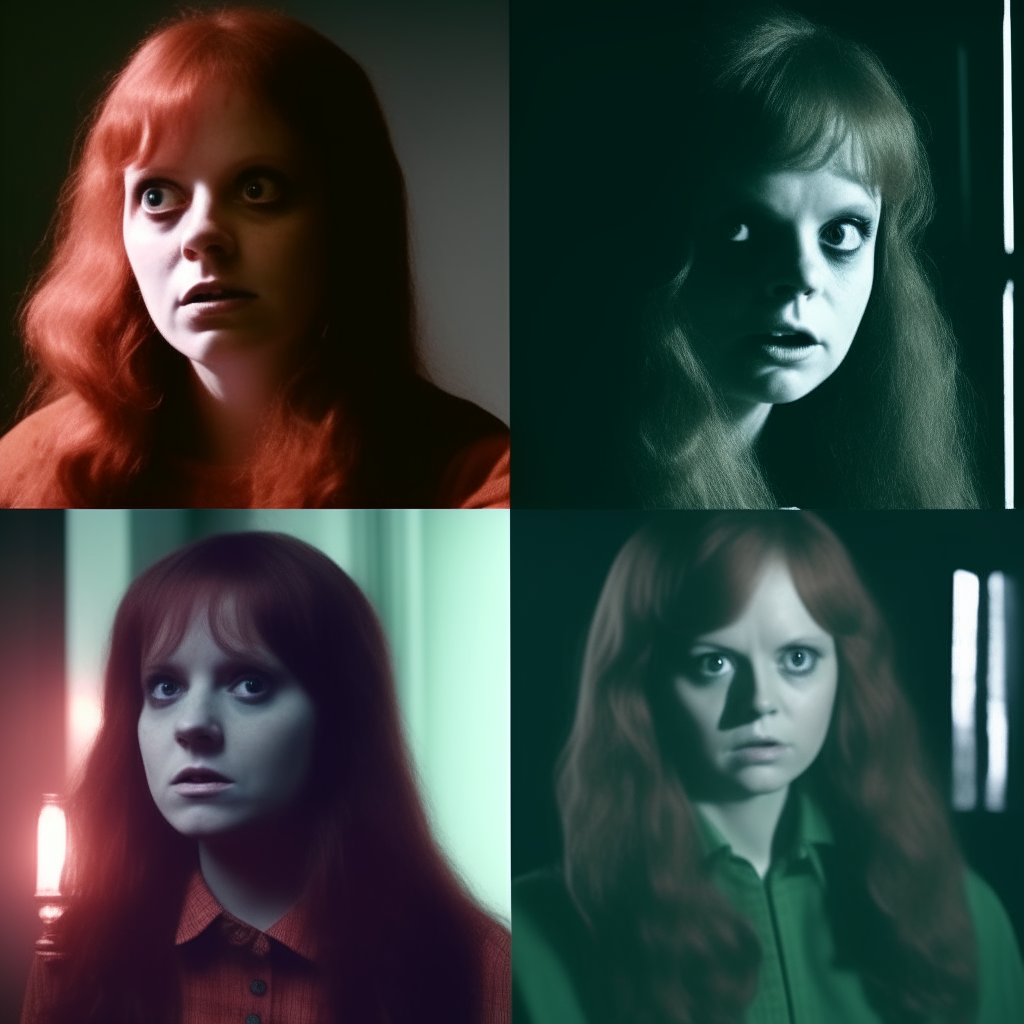 Collage of Regan from The Exorcist, Carrie White and The Creeper lurking in the shadows. Moods: supernatural, horror.