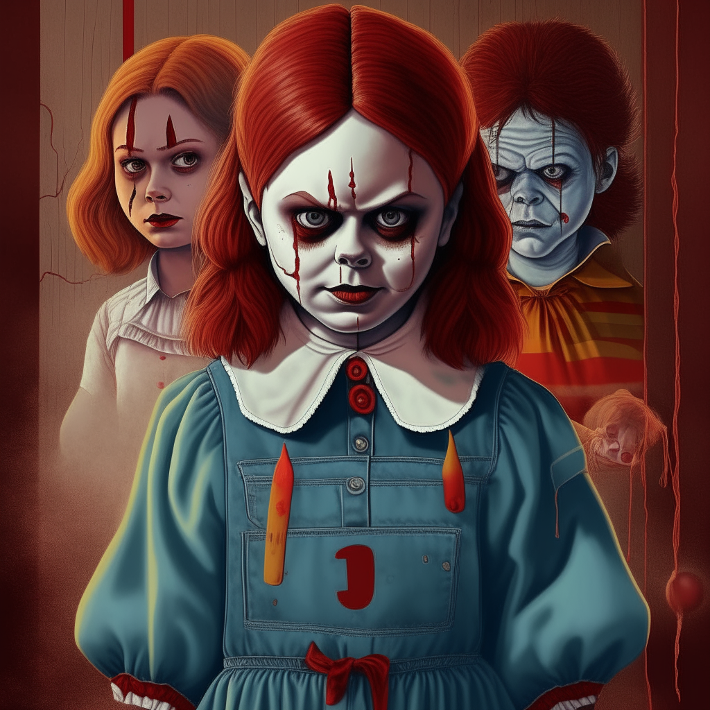 Collage of Pennywise, Chucky and Annie Wilkes standing together. Moods: horror, suspense.