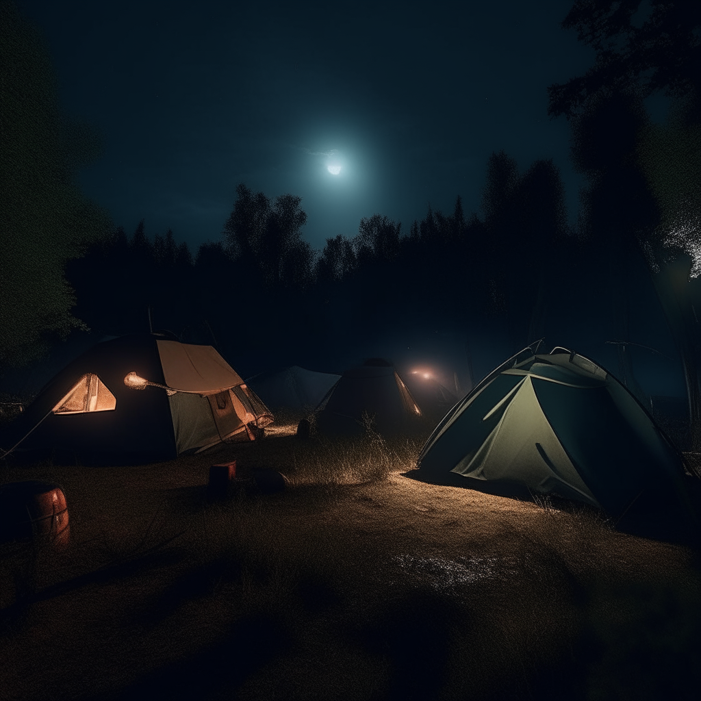 A campsite at night, with tents and a crackling fire illuminated by moonlight. In the distance, just visible among the trees, is an abstract, shadowy figure. Moods: horror, mystery, camping.