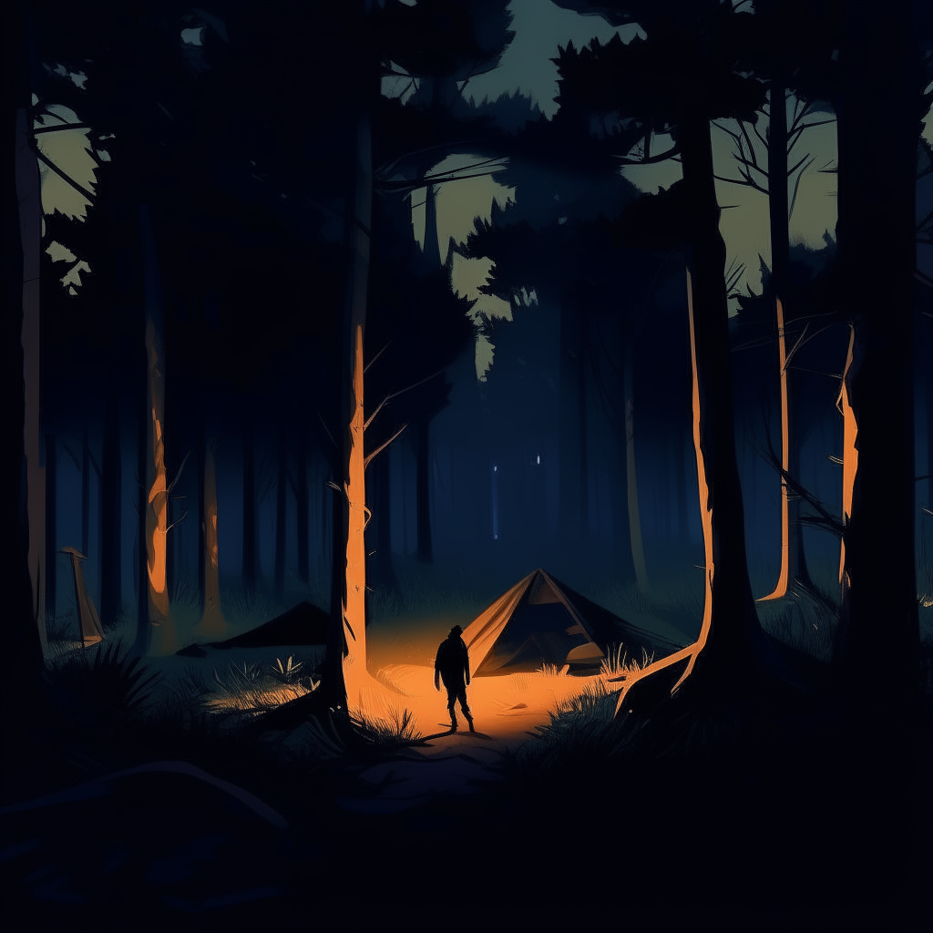 A dark forest clearing at night, with the glow of a campfire illuminating tents in the distance. An abstract, shadowy figure lurks among the trees.