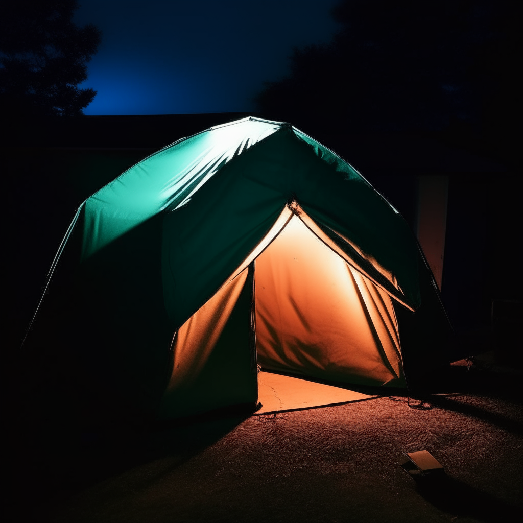 A tent at night, with professional color grading and light shining in from outside. An abstract, shadowy shape is barely visible just outside the entrance.