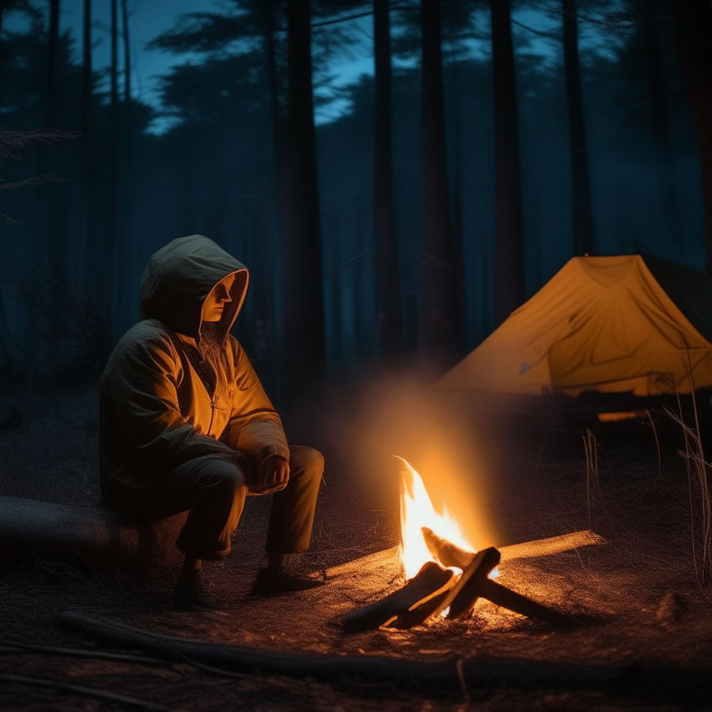 A lone camper sitting by the fire, unaware of glowing eyes watching from the woods. Moods: horror, mystery, camping.