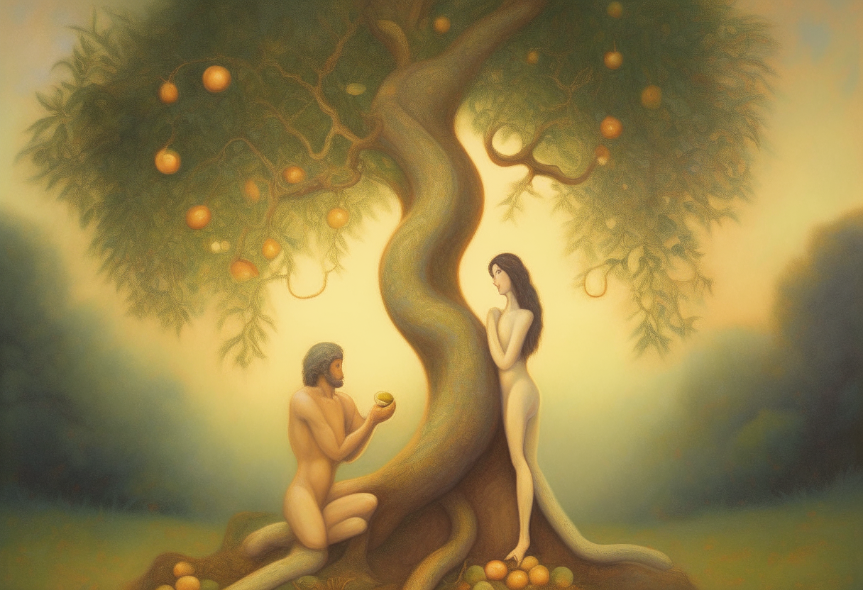Adam and Eve near the tree of life with red apples and the snake wrap on the tree.