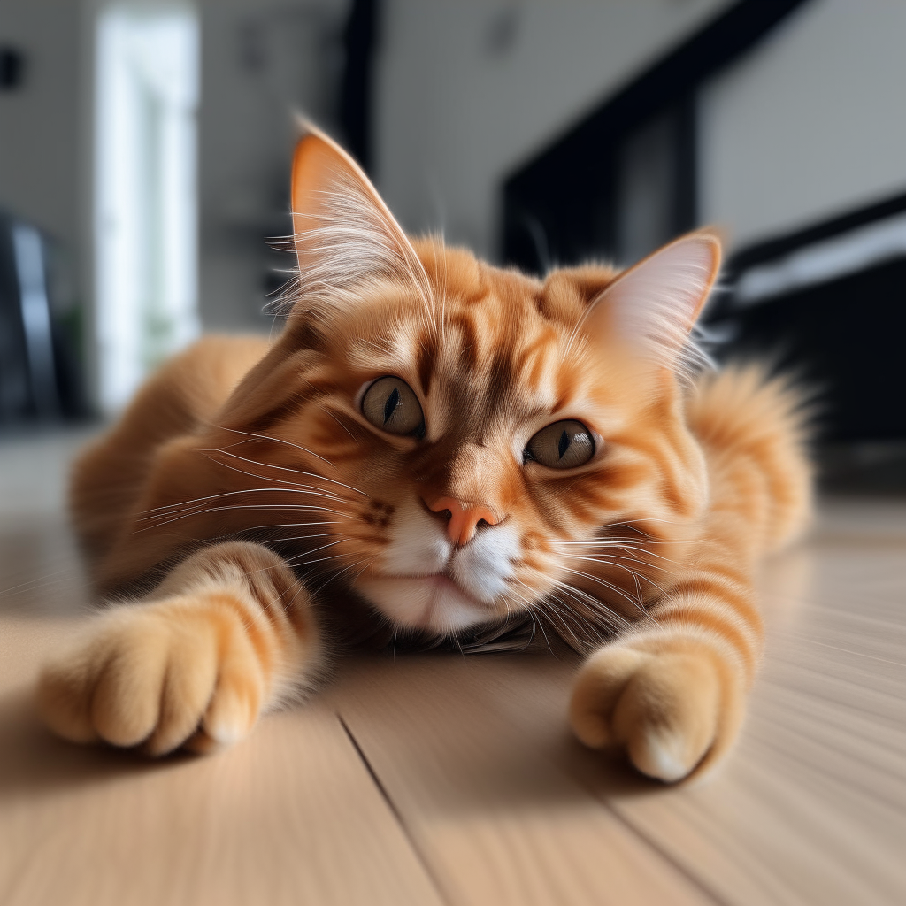 a fluffy orange tabby cat lying on its back with its paws in the air, looking playful and adorable