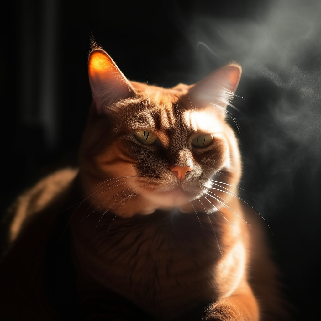 an orange tabby cat with glowing red eyes, surrounded by shadows and wisps of dark smoke