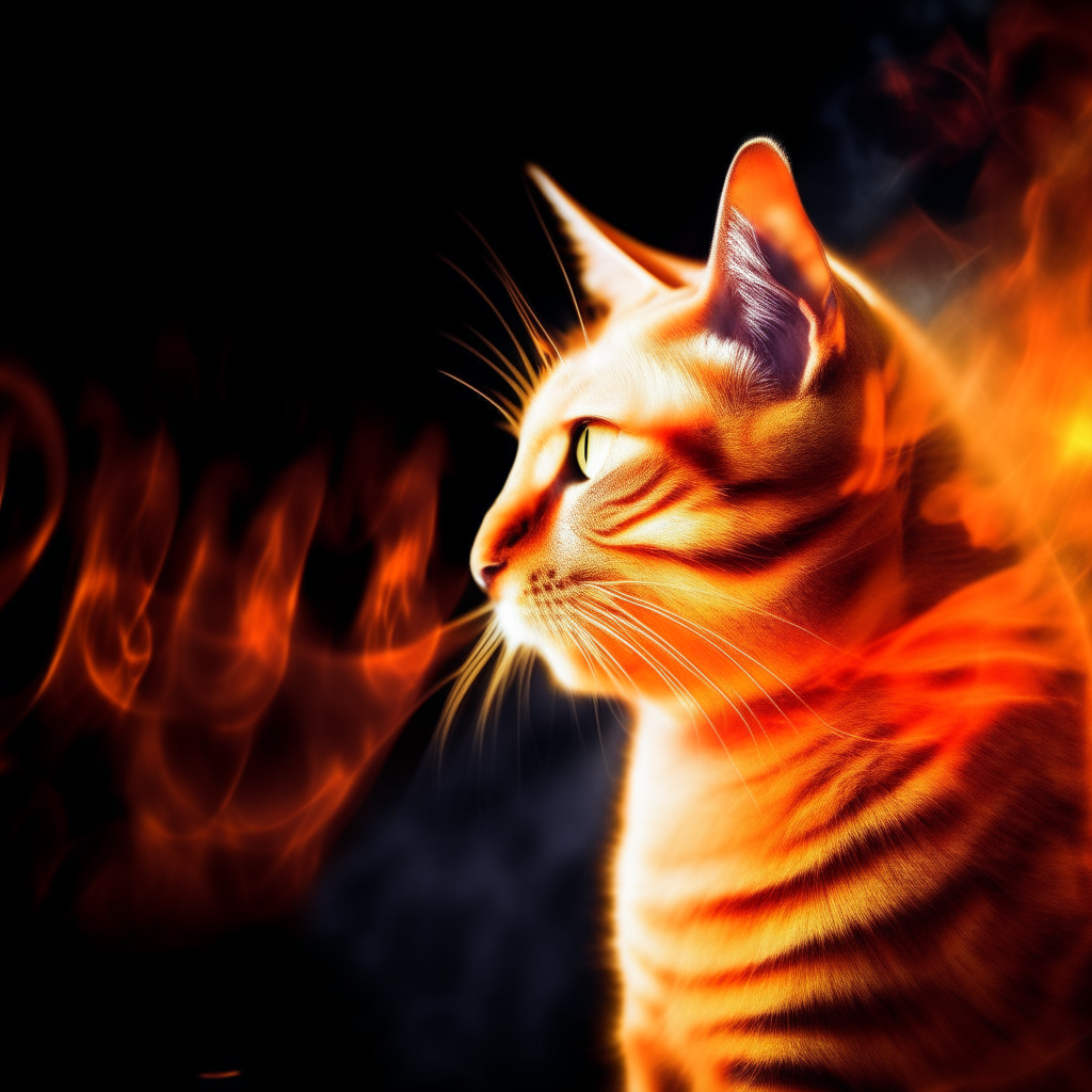 an orange tabby cat silhouetted against a backdrop of swirling flames