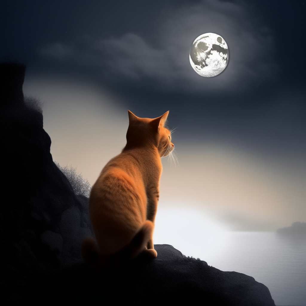 an orange tabby cat silhouetted against a misty coastal cliffscape under a full moon, with hints of tentacled horrors lurking in the fog