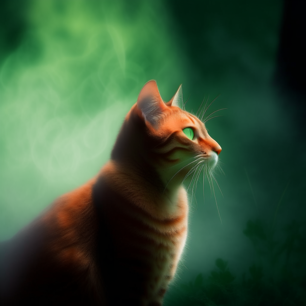 an orange tabby cat silhouetted against a backdrop of swirling green mists and vapors