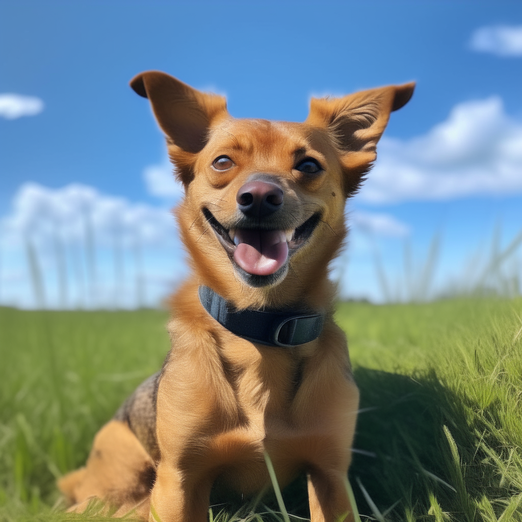 A smiling pincher dog with curly fur sitting on green grass under a blue sky.