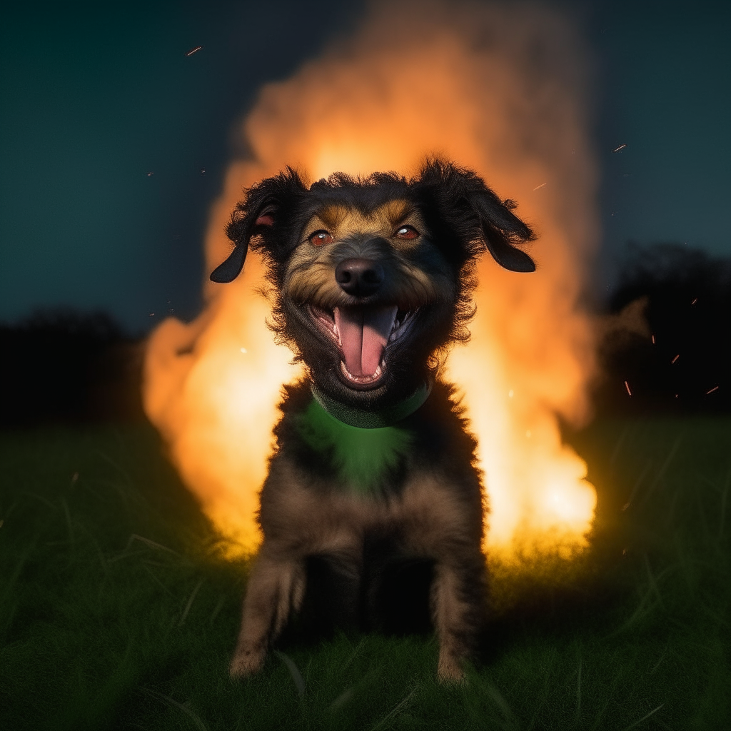 A smiling pincher dog with curly fur sitting on green grass under a dark sky, with green flames erupting in the background.