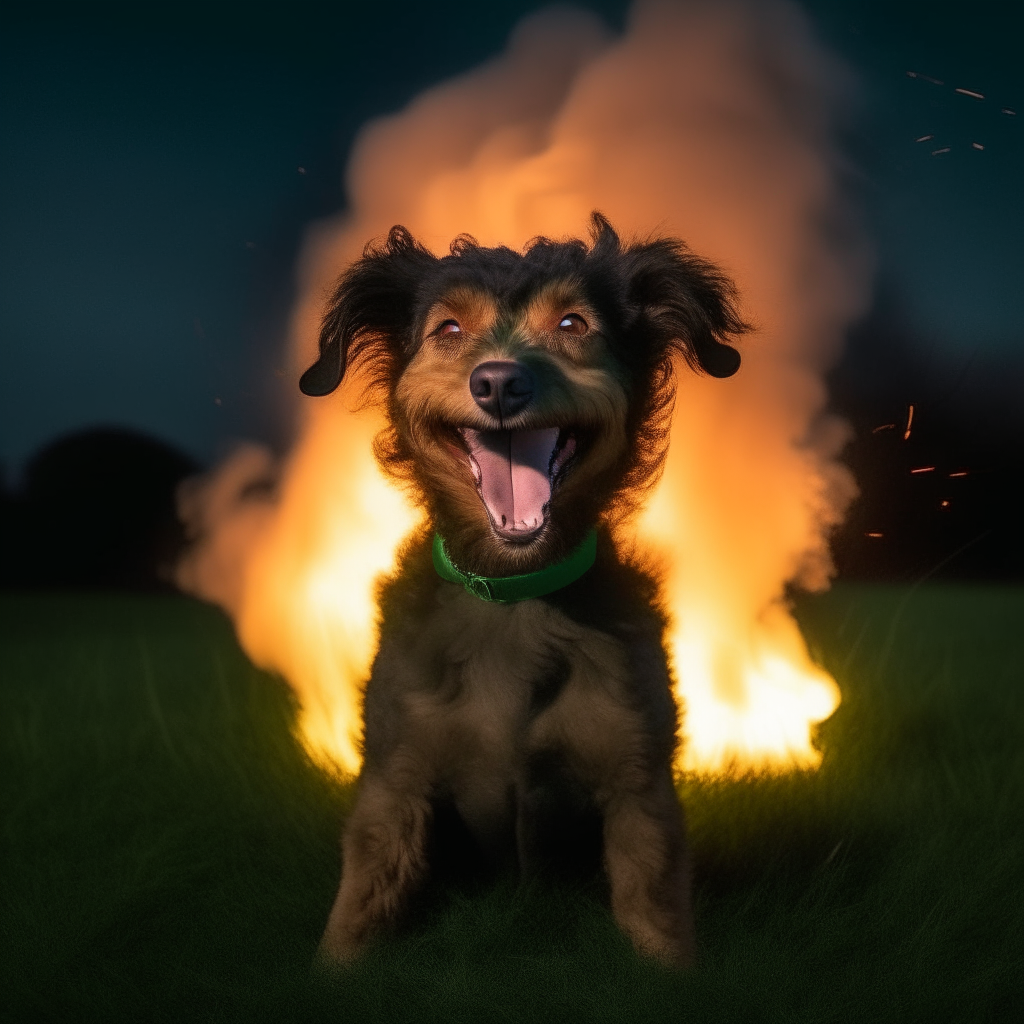 A smiling pincher dog with curly fur sitting on green grass under a dark sky, with green flames erupting in the background.