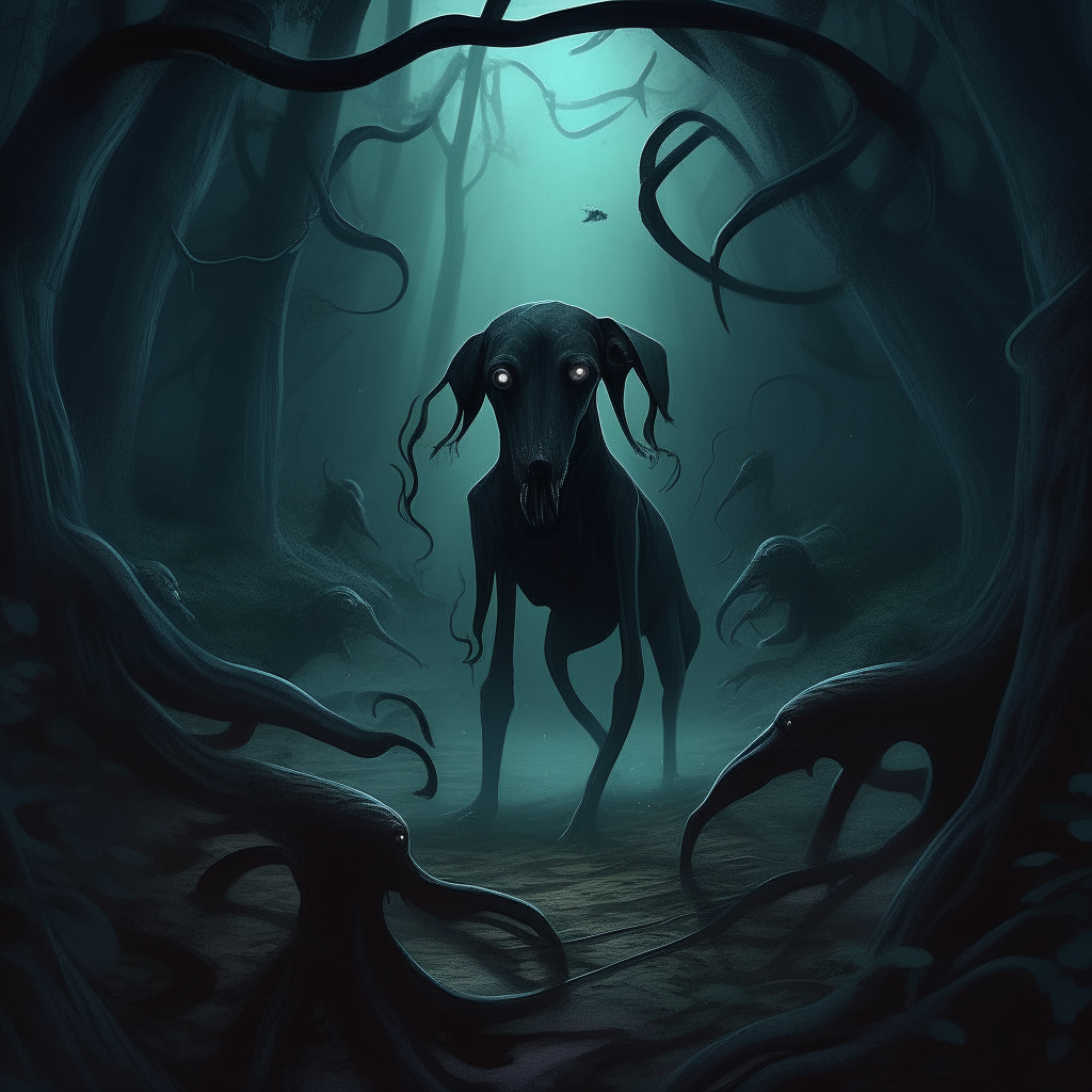 A pincher dog surrounded by dark tentacles emerging from shadows, in a creepy Lovecraftian forest setting at night.
