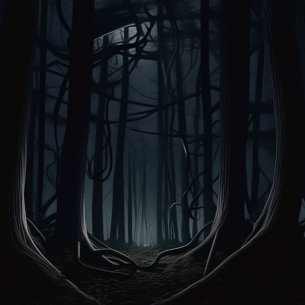 A dark forest at night, seen from the dog's perspective. Long, thin tentacles emerge slowly from between the trees.