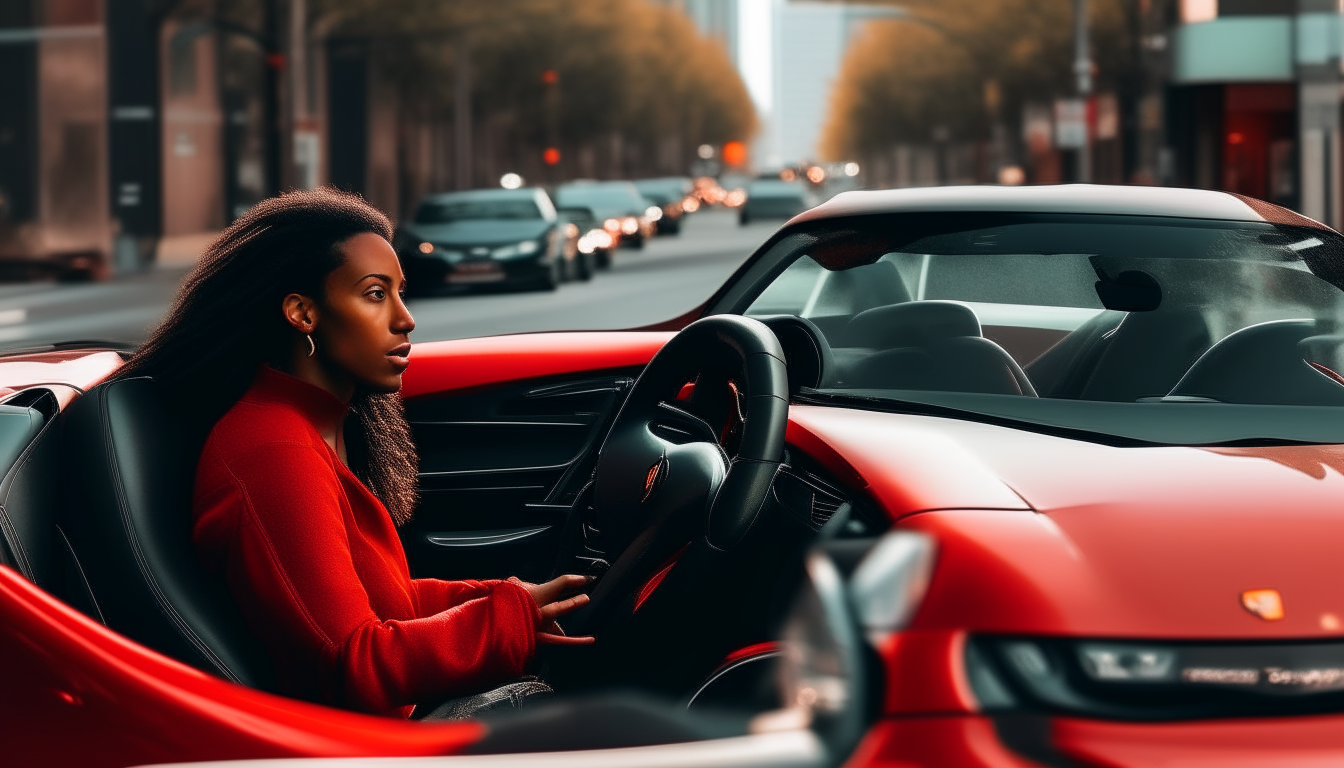 A beautiful black woman with long hair sitting in the driver's seat of a red Porsche 911 sports car driving down a city street. Other cars are passing by in the background.