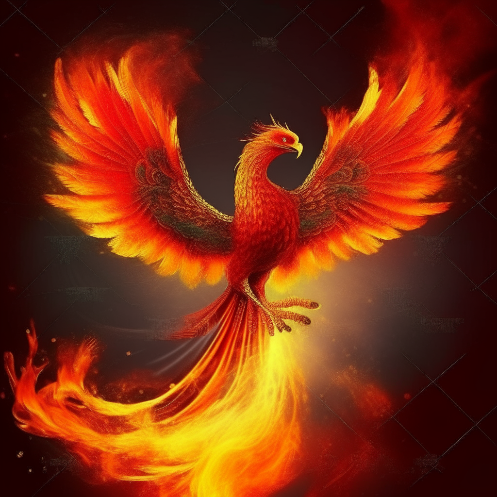 Phoenix burning with red and gold and orange fire, fantasy