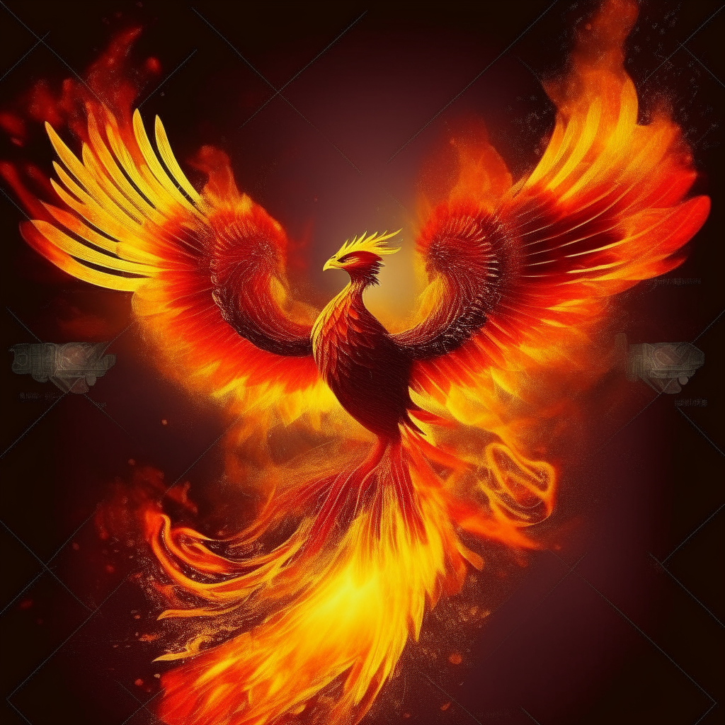 Phoenix burning with red and gold and orange fire, fantasy