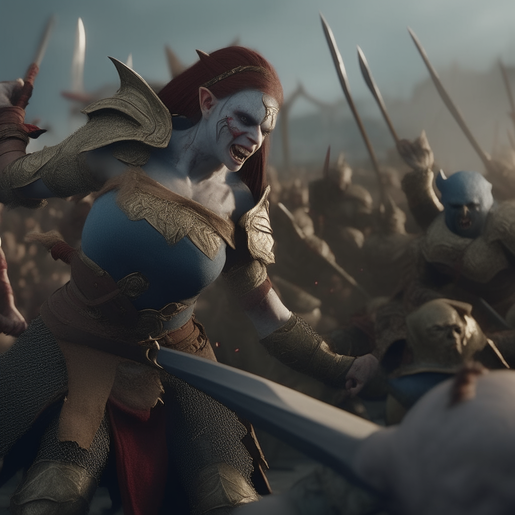 warrior princess Layria fights a group of Orcs, cinematic,4k,intricate details, AR 16:9