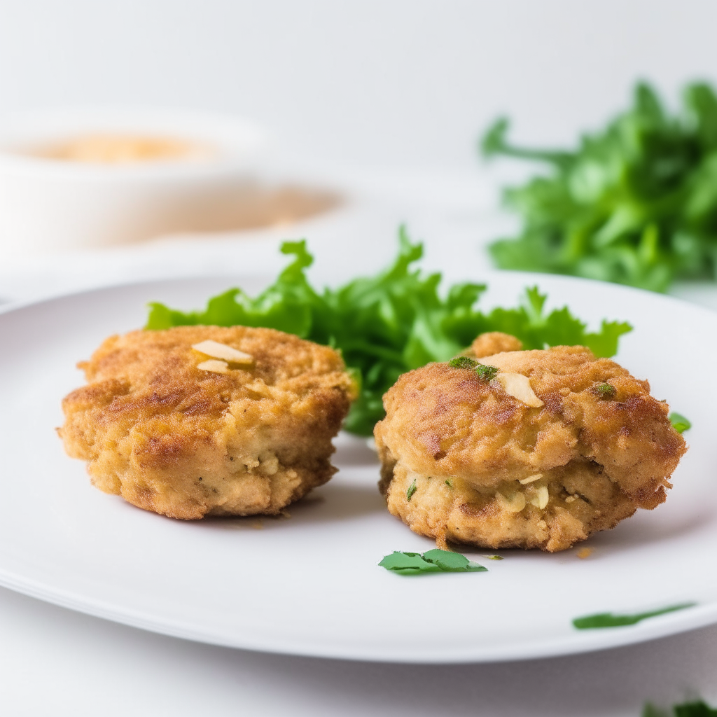 Almond crusted pork patties on a white plate, bright studio lighting, razor sharp focus