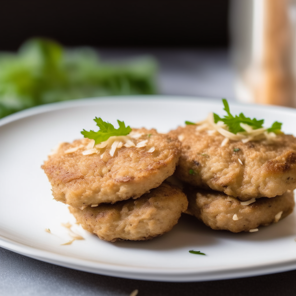 Almond crusted pork patties on a white plate, natural window lighting, razor sharp focus