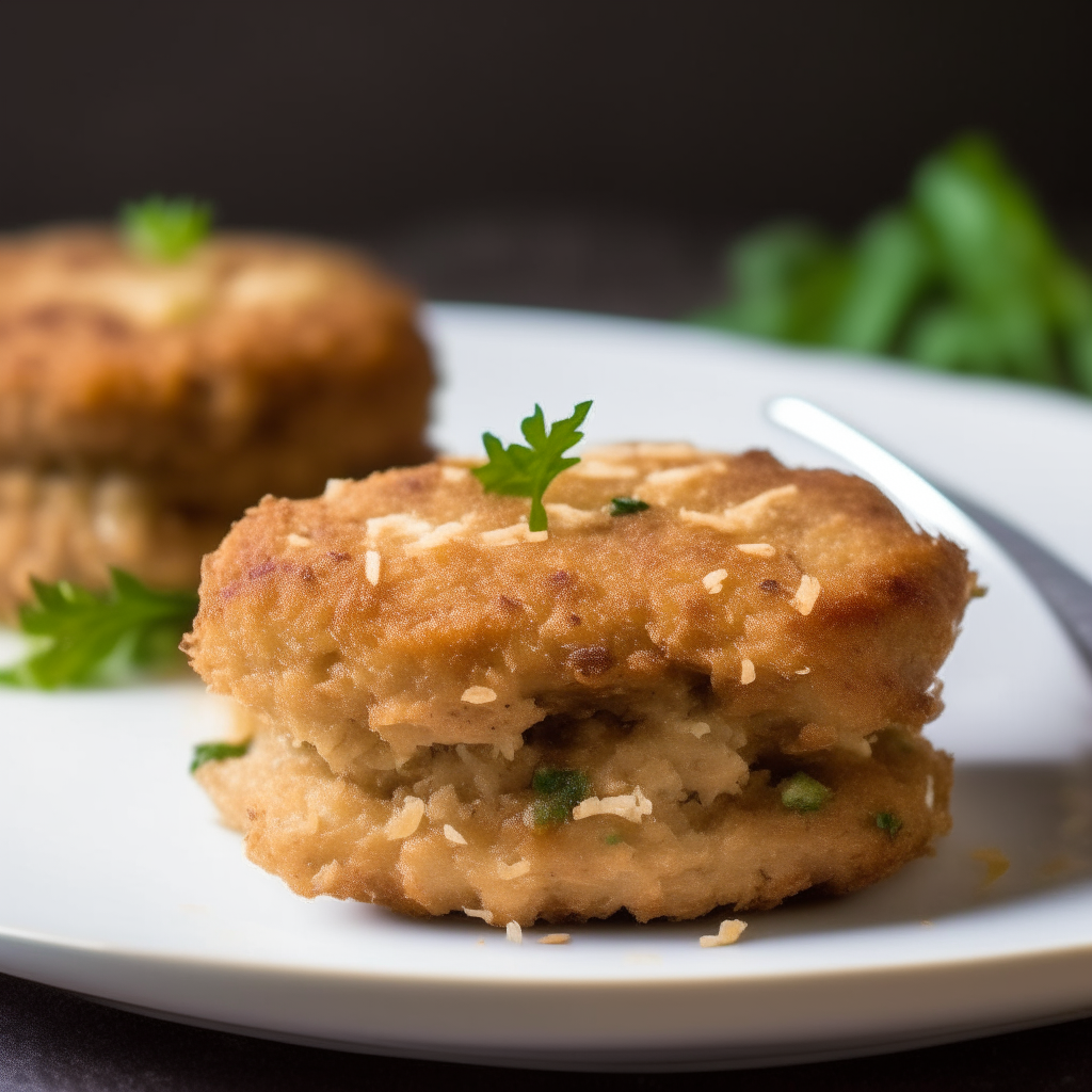 Almond crusted pork patties on a white plate, softbox lighting from the left, razor sharp focus