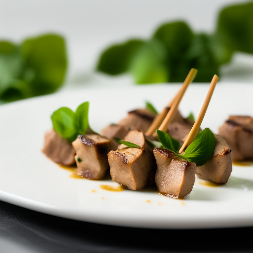 Basil and garlic pork skewers on a white plate, bright studio lighting, razor sharp focus