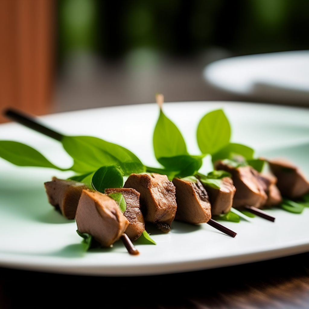 Basil and garlic pork skewers on a white plate, natural window lighting, razor sharp focus