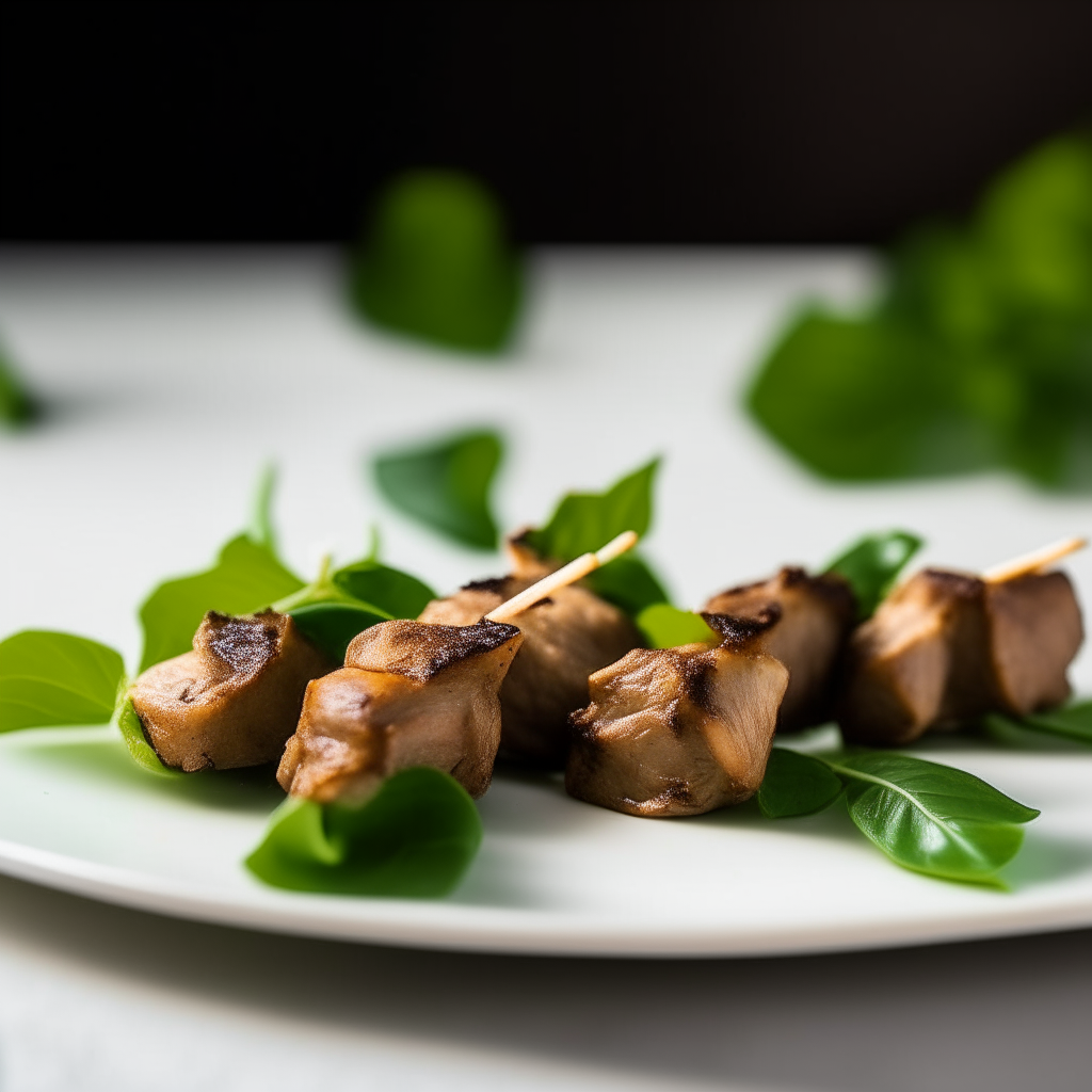 Basil and garlic pork skewers on a white plate, softbox lighting from the left, razor sharp focus