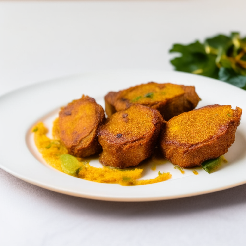 Spiced turmeric pork medallions on a white plate, bright studio lighting, razor sharp focus