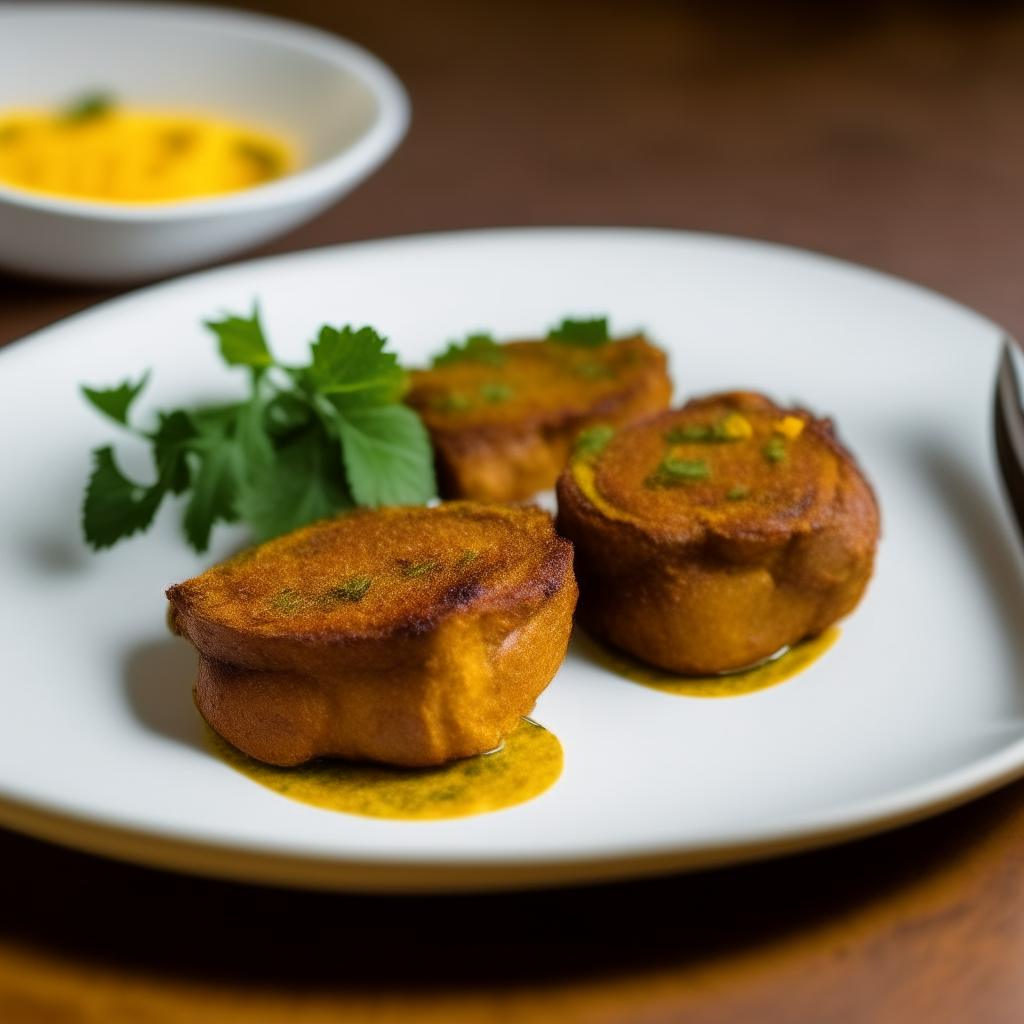 Spiced turmeric pork medallions on a white plate, natural window lighting, razor sharp focus