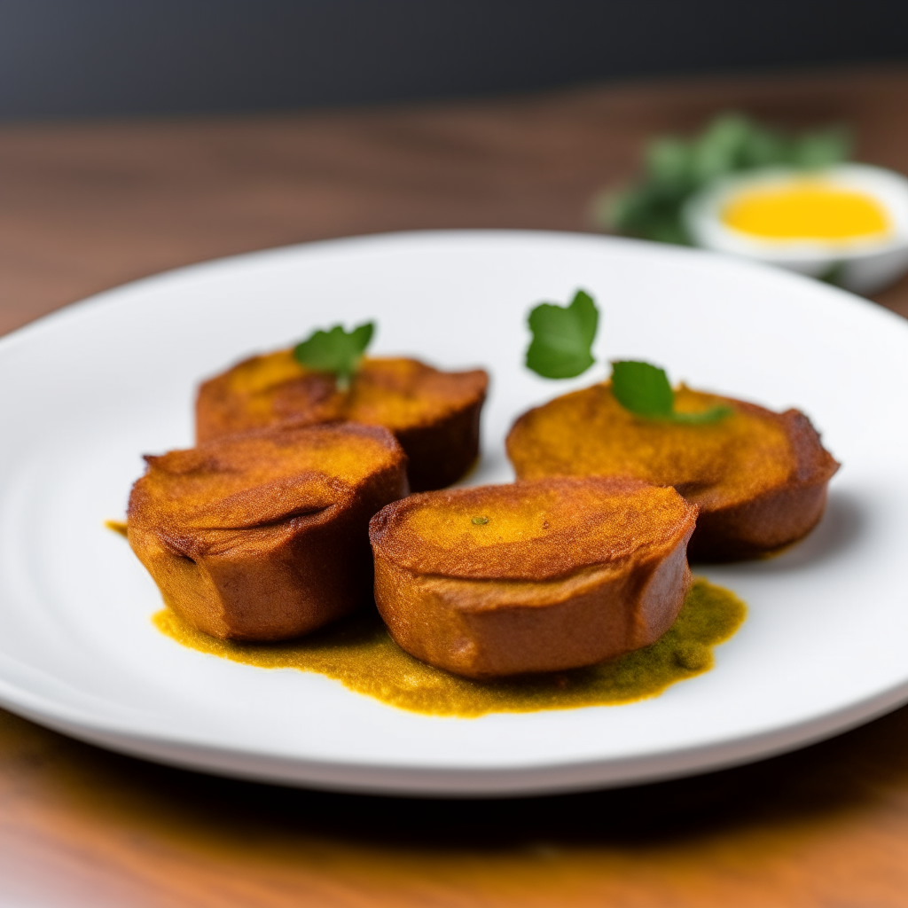 Spiced turmeric pork medallions on a white plate, softbox lighting from the left, razor sharp focus